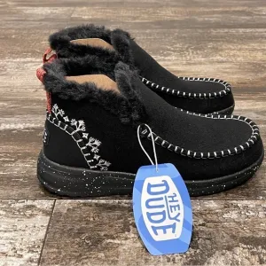 Hey Dude Denny Wool Faux Shearling Boot Black Slip On Comfy Womens Size 9 NIB