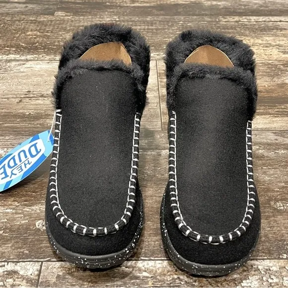 Hey Dude Denny Wool Faux Shearling Boot Black Slip On Comfy Womens Size 9 NIB
