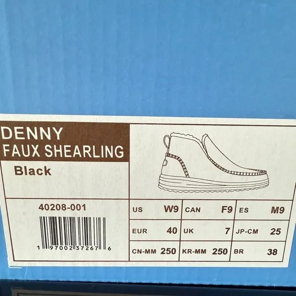 Hey Dude Denny Wool Faux Shearling Boot Black Slip On Comfy Womens Size 9 NIB