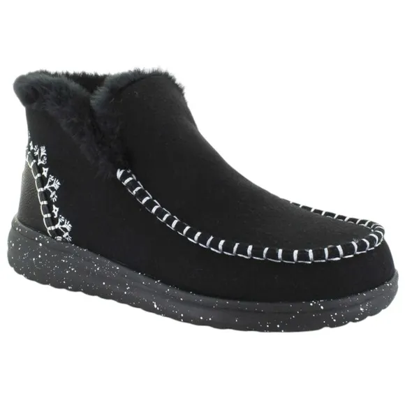 Hey Dude Denny Wool Faux Shearling Boot Black Slip On Comfy Womens Size 9 NIB