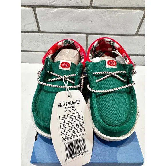 Hey Dude Wally Holiday Elf Christmas Slip On Shoes Children Size 8 NEW