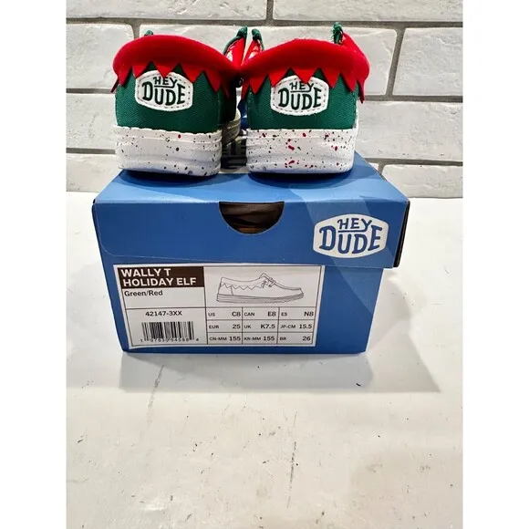 Hey Dude Wally Holiday Elf Christmas Slip On Shoes Children Size 8 NEW