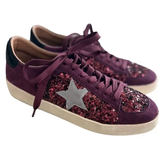 Hey Girl Corky's Another Round Burgundy Sequin Silver Star Lace Up Sneakers