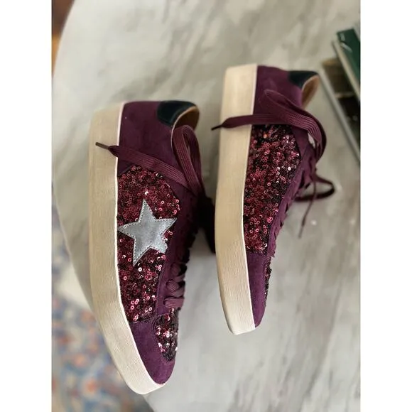 Hey Girl Corky's Another Round Burgundy Sequin Silver Star Lace Up Sneakers