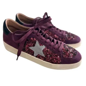 Hey Girl Corky's Another Round Burgundy Sequin Silver Star Lace Up Sneakers