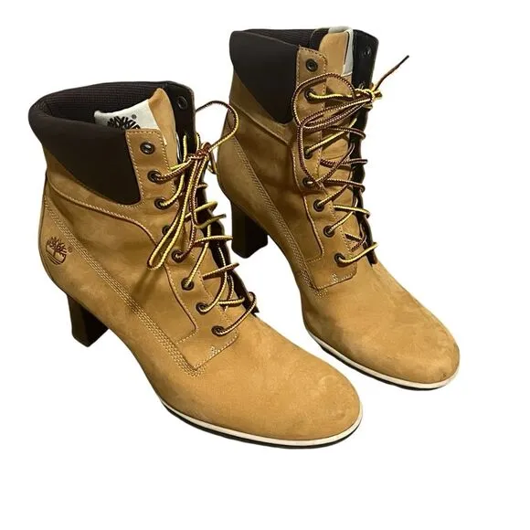High Heeled Timberland Wheat Colored Boots size 9M