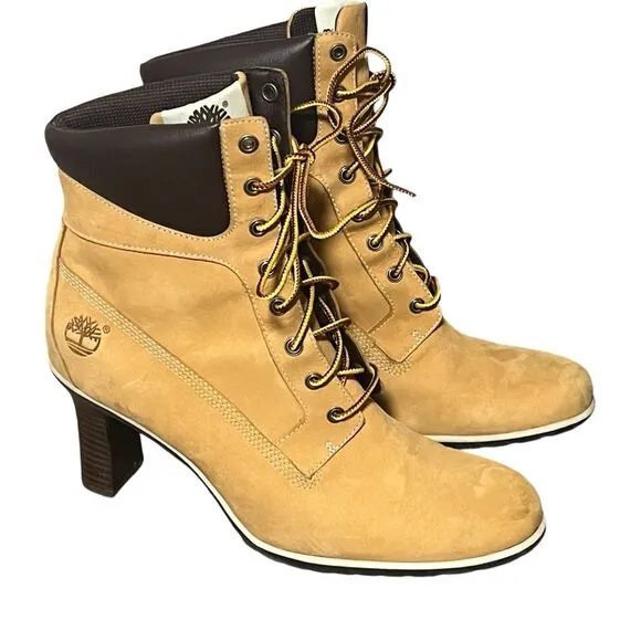 High Heeled Timberland Wheat Colored Boots size 9M