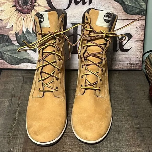 High Heeled Timberland Wheat Colored Boots size 9M