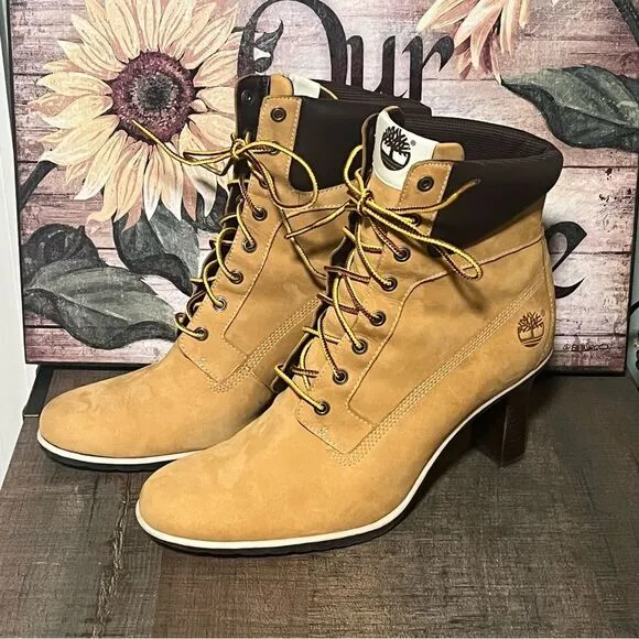 High Heeled Timberland Wheat Colored Boots size 9M
