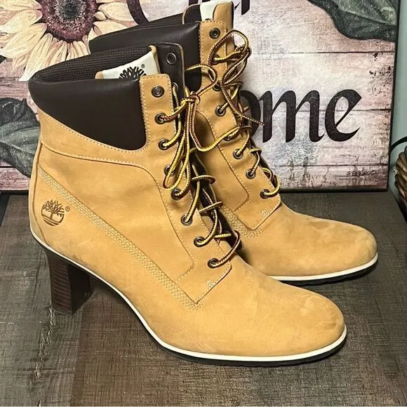 High Heeled Timberland Wheat Colored Boots size 9M