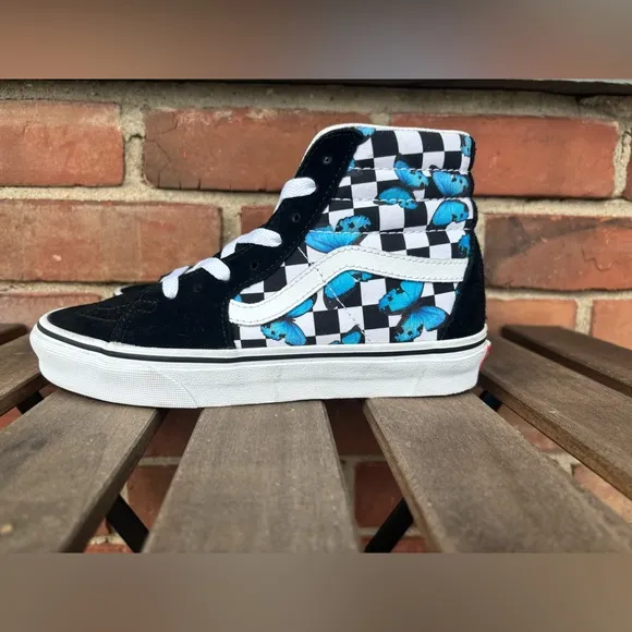 High-Top Sneakers with Checkerboard and Butterfly Design