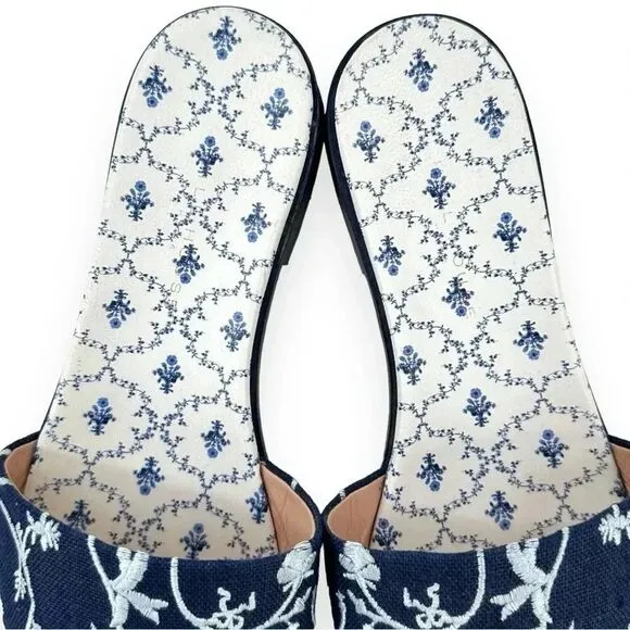 Hill House The City Slide in Navy Embroidery - Blue Floral Mule Sandals sz 41