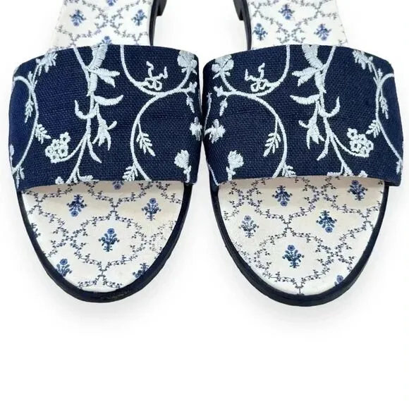 Hill House The City Slide in Navy Embroidery - Blue Floral Mule Sandals sz 41