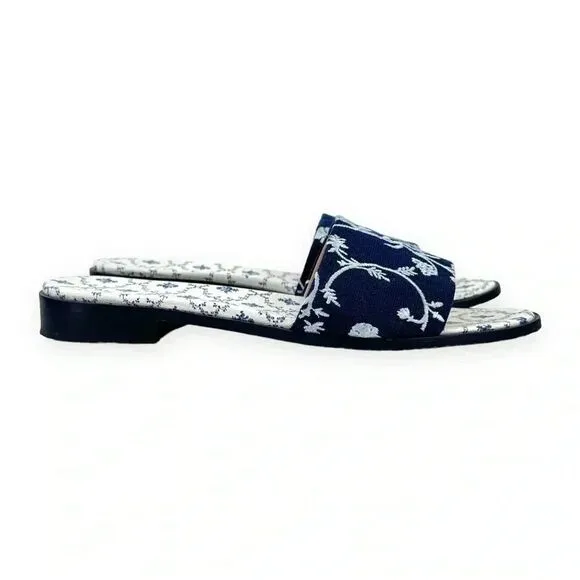 Hill House The City Slide in Navy Embroidery - Blue Floral Mule Sandals sz 41