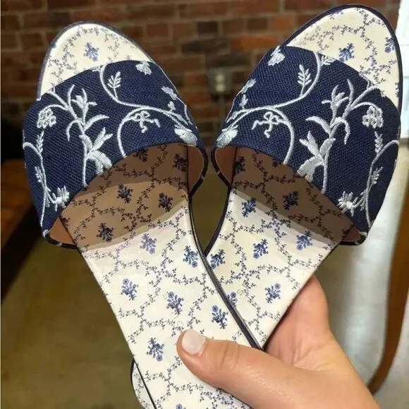 Hill House The City Slide in Navy Embroidery - Blue Floral Mule Sandals sz 41