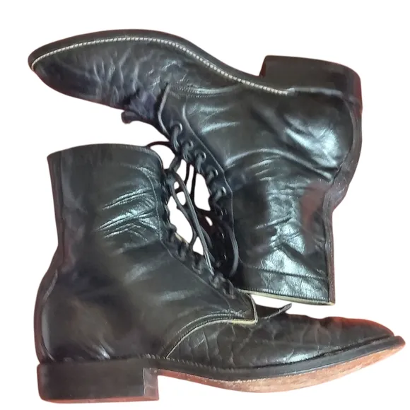 Hondo Vintage Black Leather Packer Western Ankle Lace Up Boots