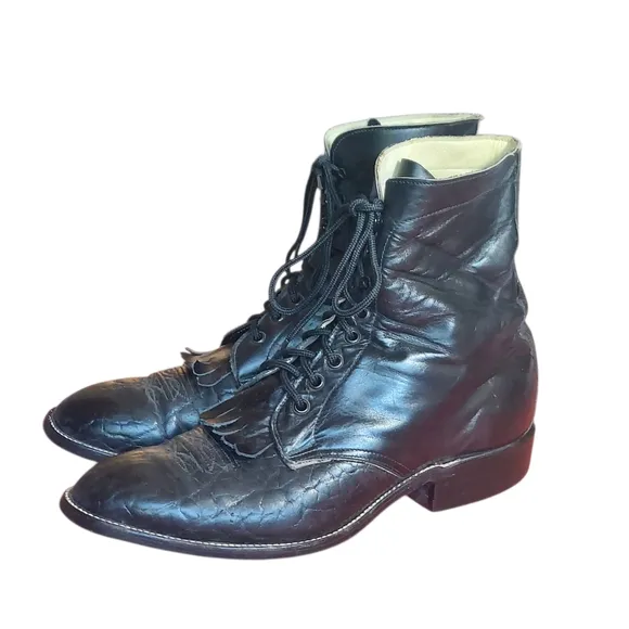 Hondo Vintage Black Leather Packer Western Ankle Lace Up Boots