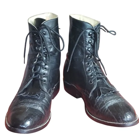 Hondo Vintage Black Leather Packer Western Ankle Lace Up Boots