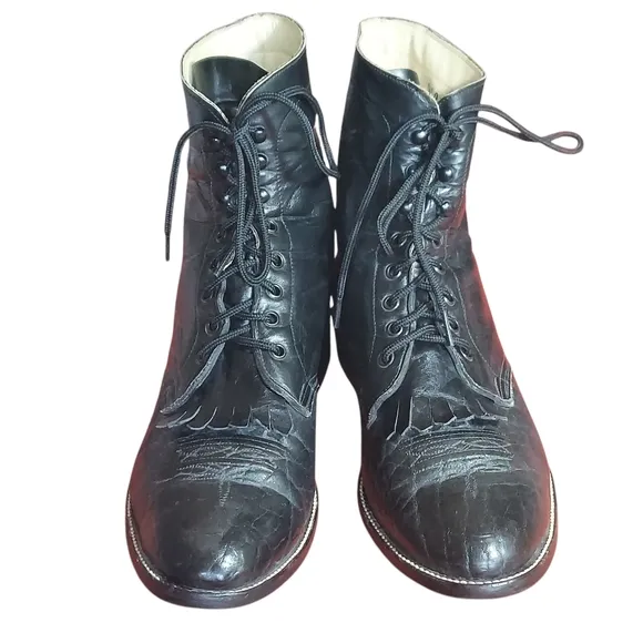 Hondo Vintage Black Leather Packer Western Ankle Lace Up Boots