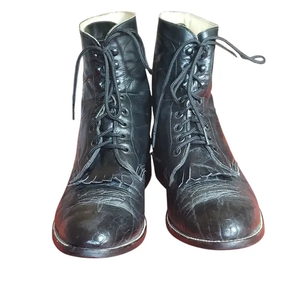 Hondo Vintage Black Leather Packer Western Ankle Lace Up Boots