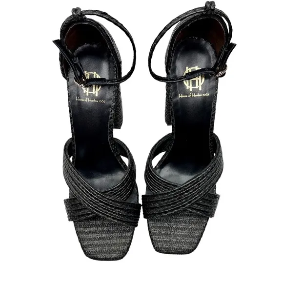 House of Harlow 1960 X Revolve Cava Heel Black SZ 8 Shoes Sandals Raffia