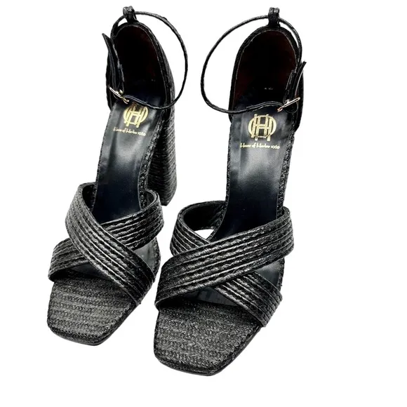 House of Harlow 1960 X Revolve Cava Heel Black SZ 8 Shoes Sandals Raffia