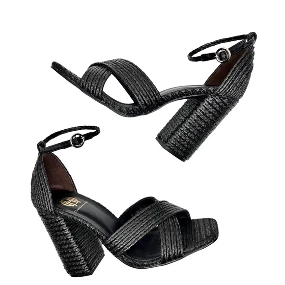 House of Harlow 1960 X Revolve Cava Heel Black SZ 8 Shoes Sandals Raffia