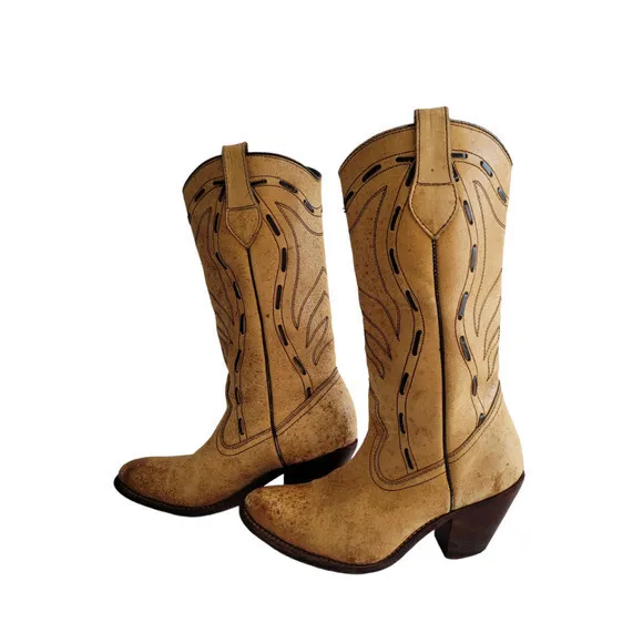 HP Vintage Brazilian Tan Laced Embroidered‎ Leather Cowboy Boots