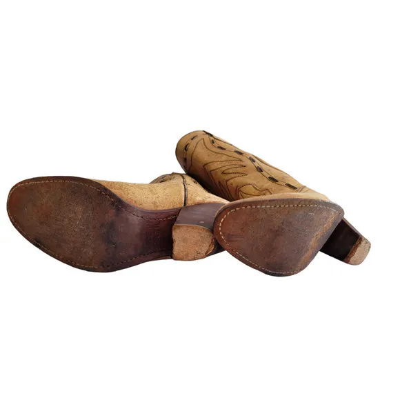 HP Vintage Brazilian Tan Laced Embroidered‎ Leather Cowboy Boots