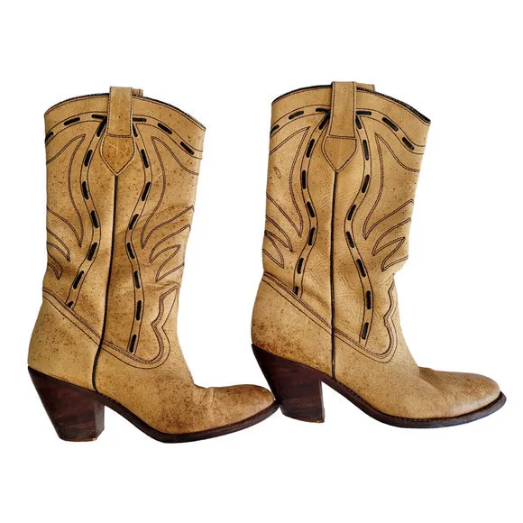 HP Vintage Brazilian Tan Laced Embroidered‎ Leather Cowboy Boots
