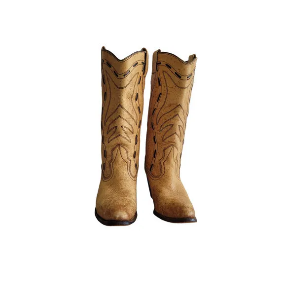 HP Vintage Brazilian Tan Laced Embroidered‎ Leather Cowboy Boots