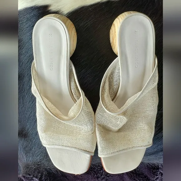 Huma Blanco Madewell Milla Cream Jute &amp; Leather Mesh Sandals Mules Clogs Sz 40