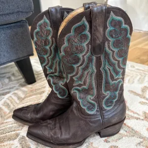 Idyllwind Brown Leather Boots with Teal Embroidery Size 8