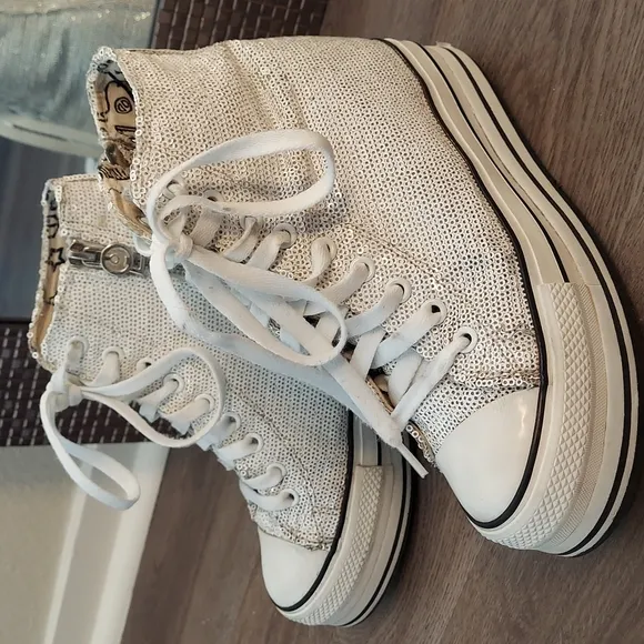iijin white sequin high top platform wedge sneakers