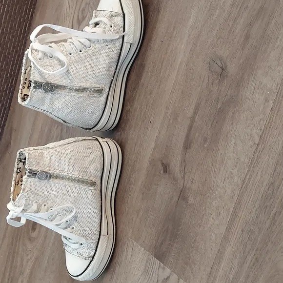iijin white sequin high top platform wedge sneakers