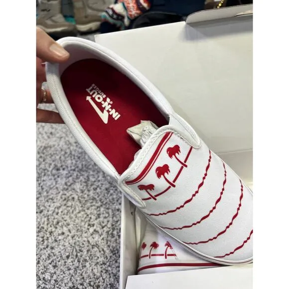 In &amp; Out Slip On Sneakers Men’s 11, New In Box, White/Red Iconic Retro Logo CA