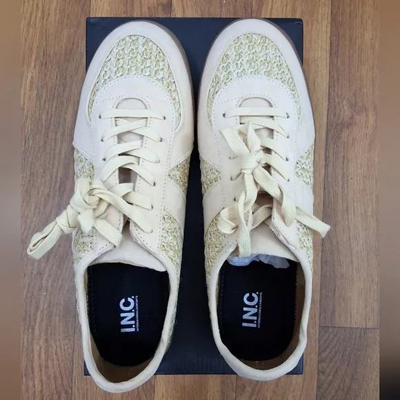 INC Men's Beige Mixed Media Harlan Round Toe Platform Lace Up Sneakers Shoes 11M