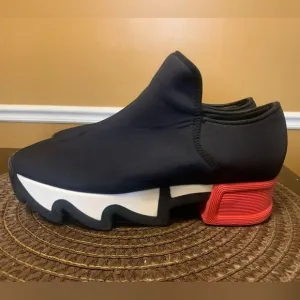 iRi NYC Unisex Black -White Red Heel Neoprene Sneaker Platform  Sz EU 38.5 US7.5