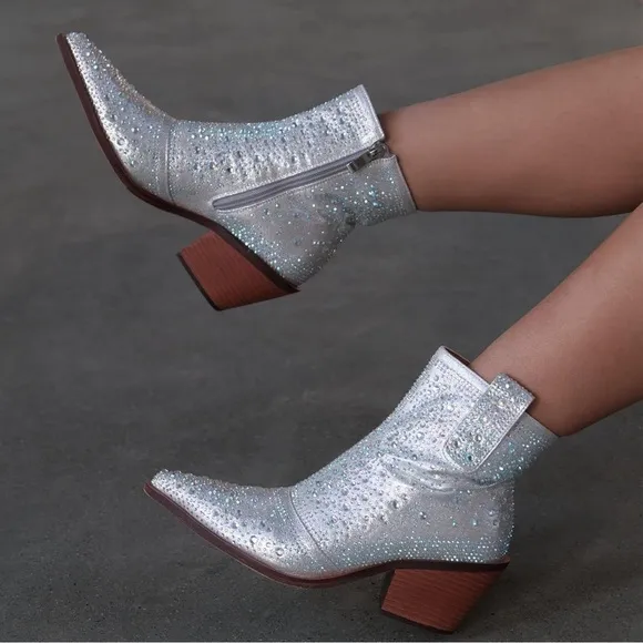 ISNOM Rhinestone Cowboy Boots Sparkly Ankle Boots with Pointed Toe and Chunky