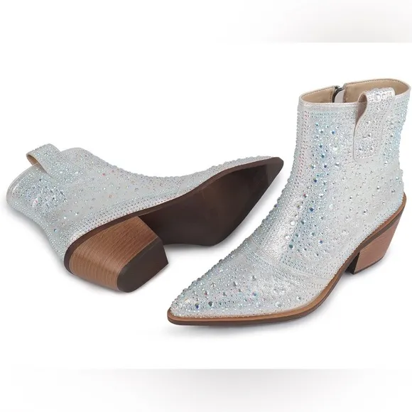 ISNOM Rhinestone Cowboy Boots Sparkly Ankle Boots with Pointed Toe and Chunky