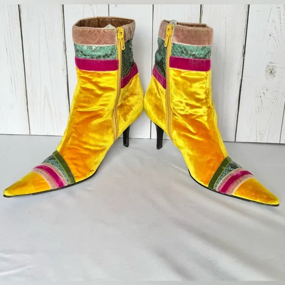 Italian Velvet &amp; Snakeskin Yellow Casadei Ankle Boots Women’s Rare Y2K Runway