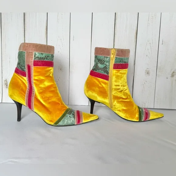 Italian Velvet &amp; Snakeskin Yellow Casadei Ankle Boots Women’s Rare Y2K Runway