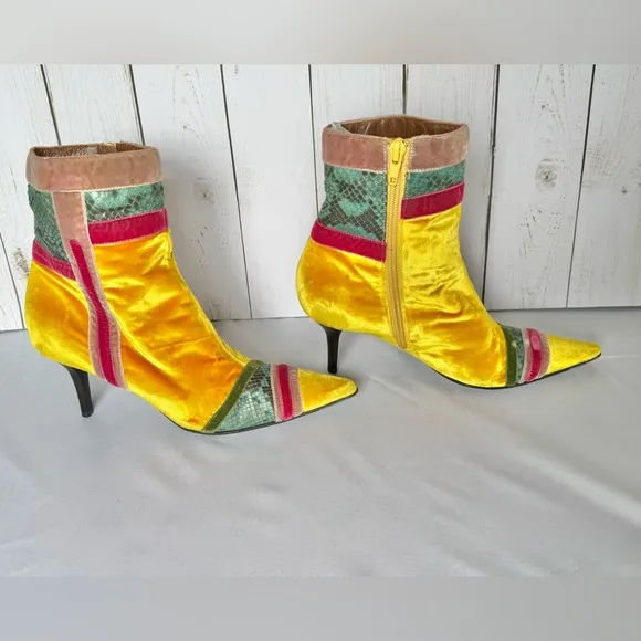 Italian Velvet &amp; Snakeskin Yellow Casadei Ankle Boots Women’s Rare Y2K Runway