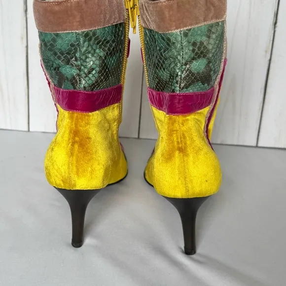 Italian Velvet &amp; Snakeskin Yellow Casadei Ankle Boots Women’s Rare Y2K Runway