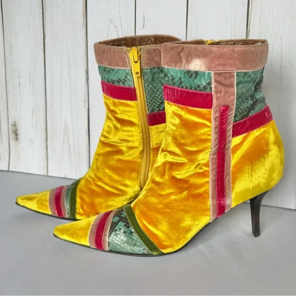 Italian Velvet &amp; Snakeskin Yellow Casadei Ankle Boots Women’s Rare Y2K Runway