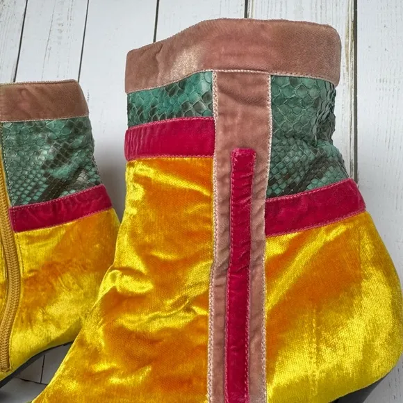 Italian Velvet &amp; Snakeskin Yellow Casadei Ankle Boots Women’s Rare Y2K Runway