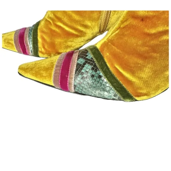 Italian Velvet &amp; Snakeskin Yellow Casadei Ankle Boots Women’s Rare Y2K Runway
