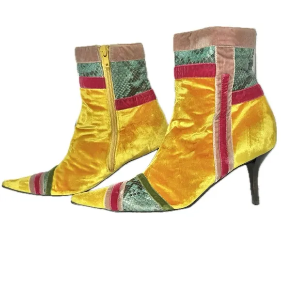 Italian Velvet &amp; Snakeskin Yellow Casadei Ankle Boots Women’s Rare Y2K Runway