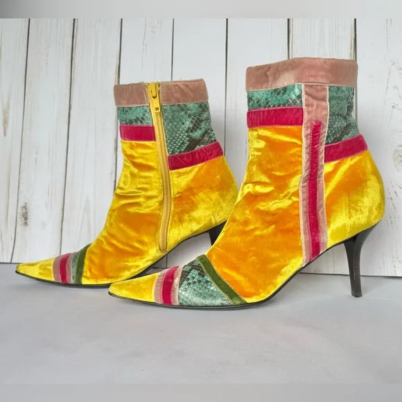 Italian Velvet &amp; Snakeskin Yellow Casadei Ankle Boots Women’s Rare Y2K Runway
