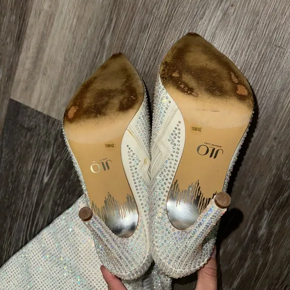 J Lo Knee High White &amp; Silver Rhinestone Boots